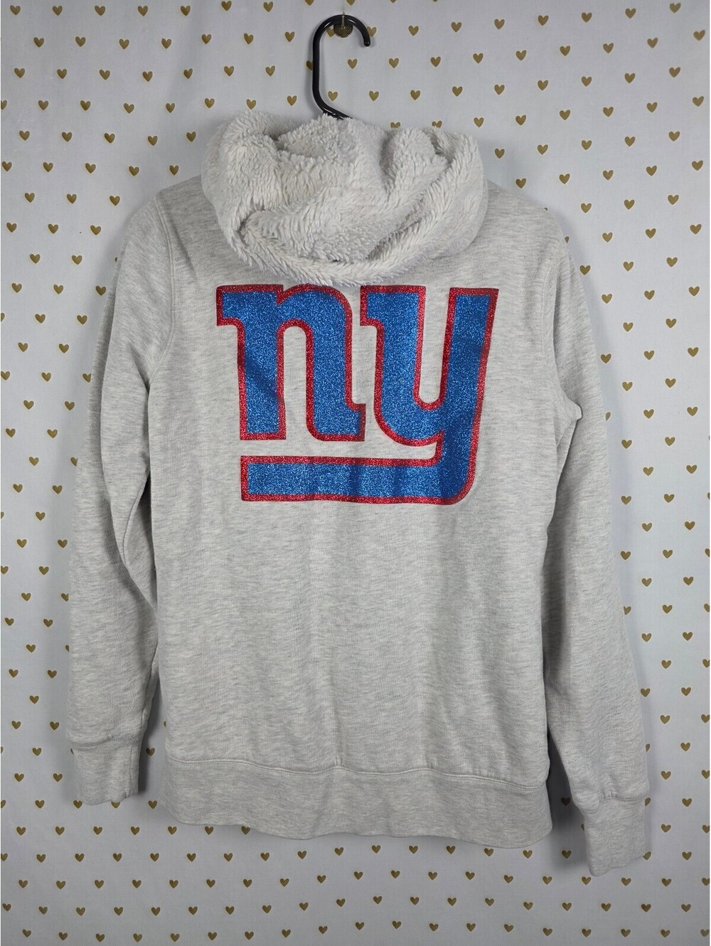 Victoria's Secret PINK NY Giants NFL BLING Faux Fur Lined Hoodie Small Glitter